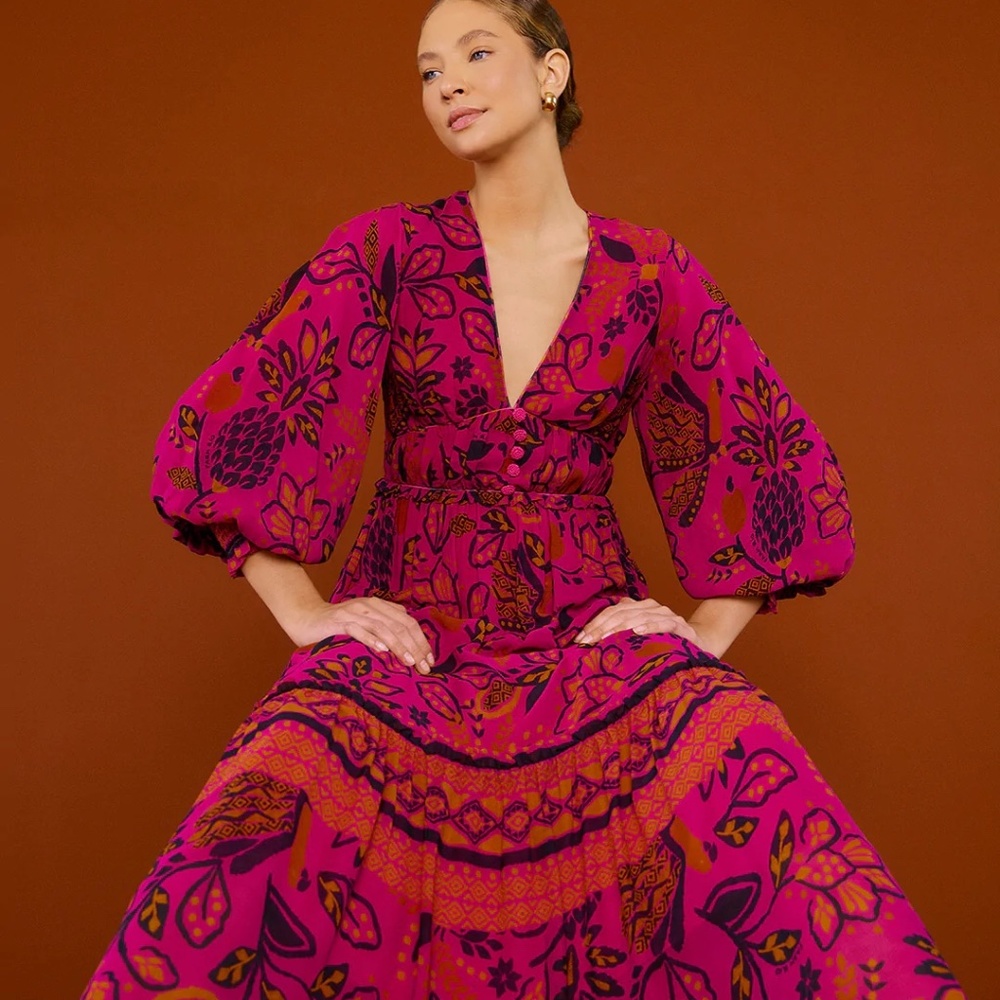 FARM RIO PINK MACAW / FLORAL MAXI DRESS, SIZE M